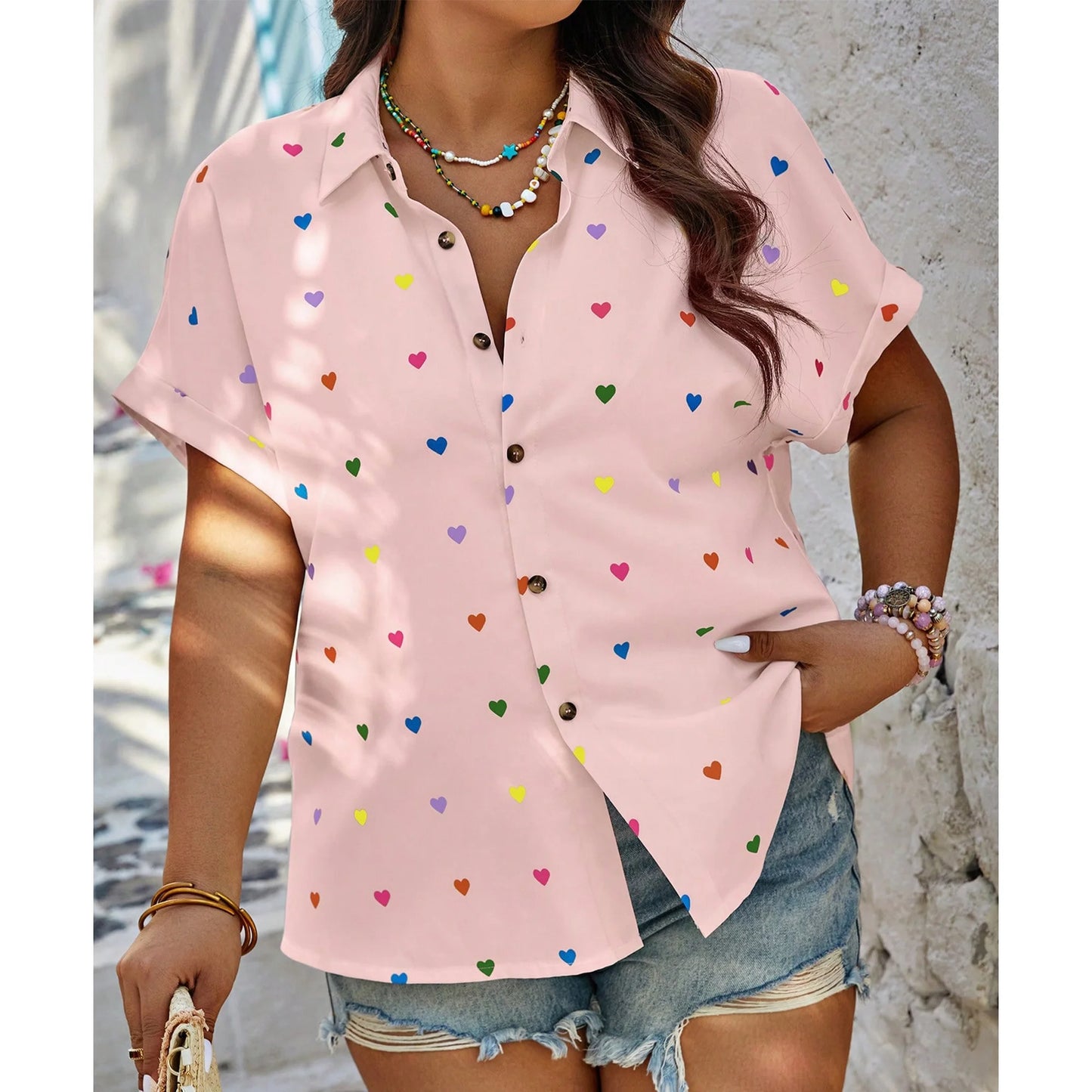 SOMER Woman Blouse Plus Size Short Sleeve Casual Tops Heart Print Button Down Shirts For Women