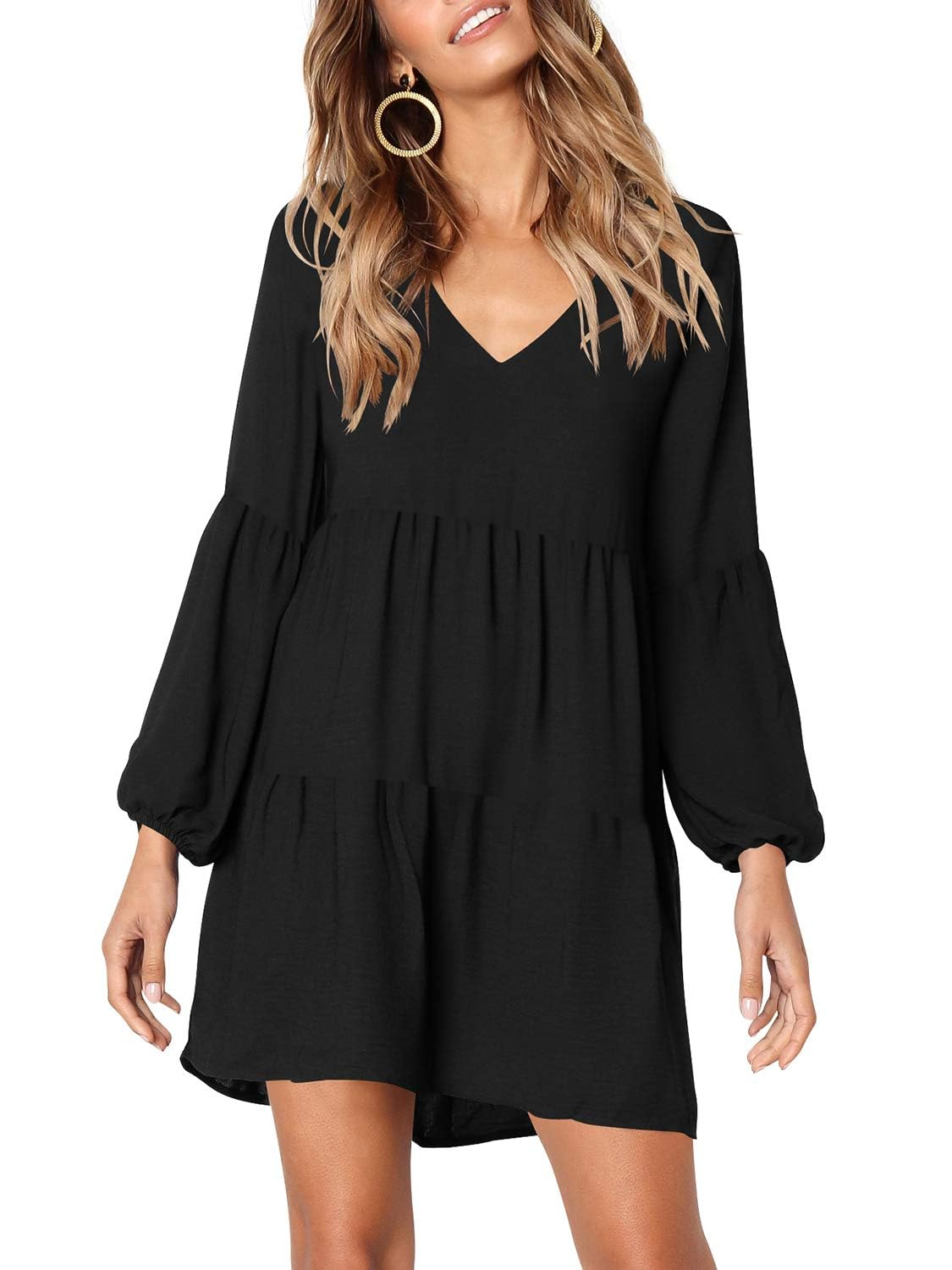 SOMER Dresses for Women V Neck Mini Long Sleeve Fashion Casual Loose Flowing Cute Short Dress with Pocket Black Fall 2025