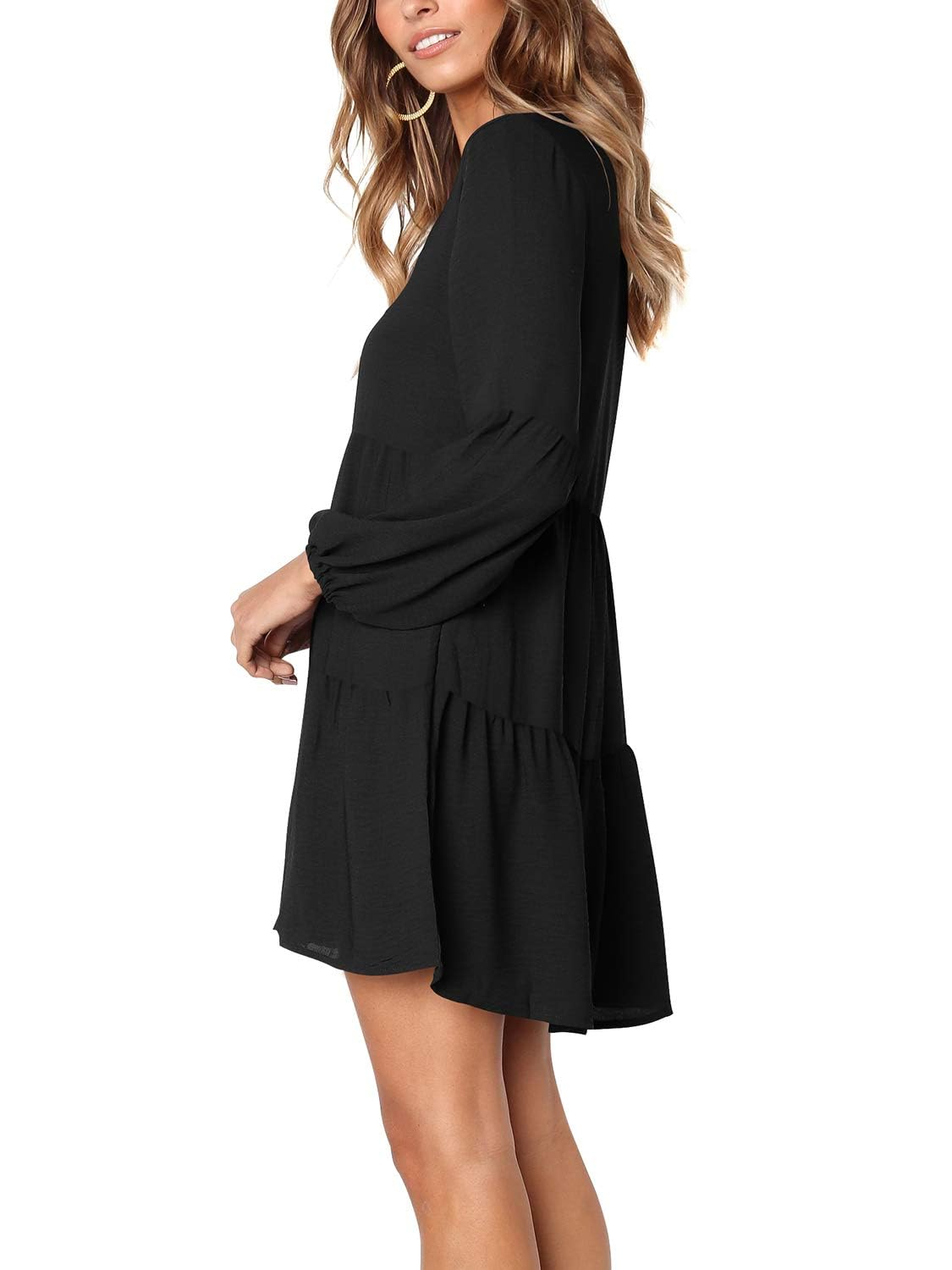 SOMER Dresses for Women V Neck Mini Long Sleeve Fashion Casual Loose Flowing Cute Short Dress with Pocket Black Fall 2025