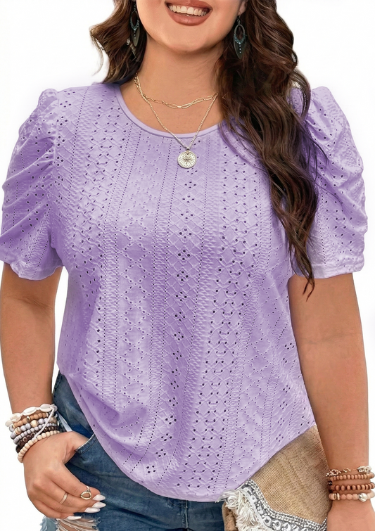 SOMER Plus Size Women Blouses Puff Sleeve Eyelet Knit Top Casual Summer Short Sleeve Crew Neck Loose Fit
