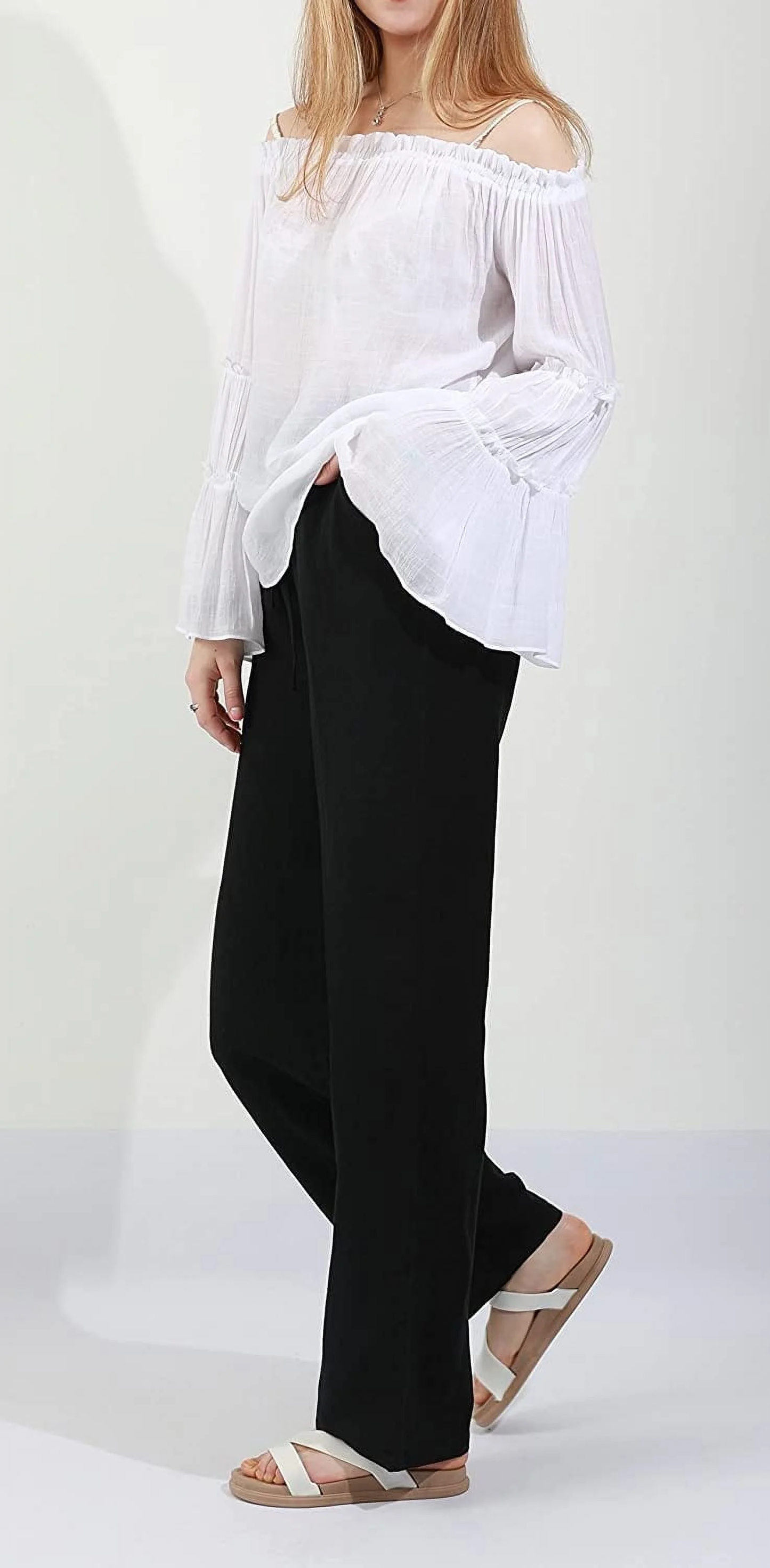 SOMER Pants for Women Flowy Casual Drawstring Waist Wide Leg Loose Cotton Linen Palazzo Pants with Pocket