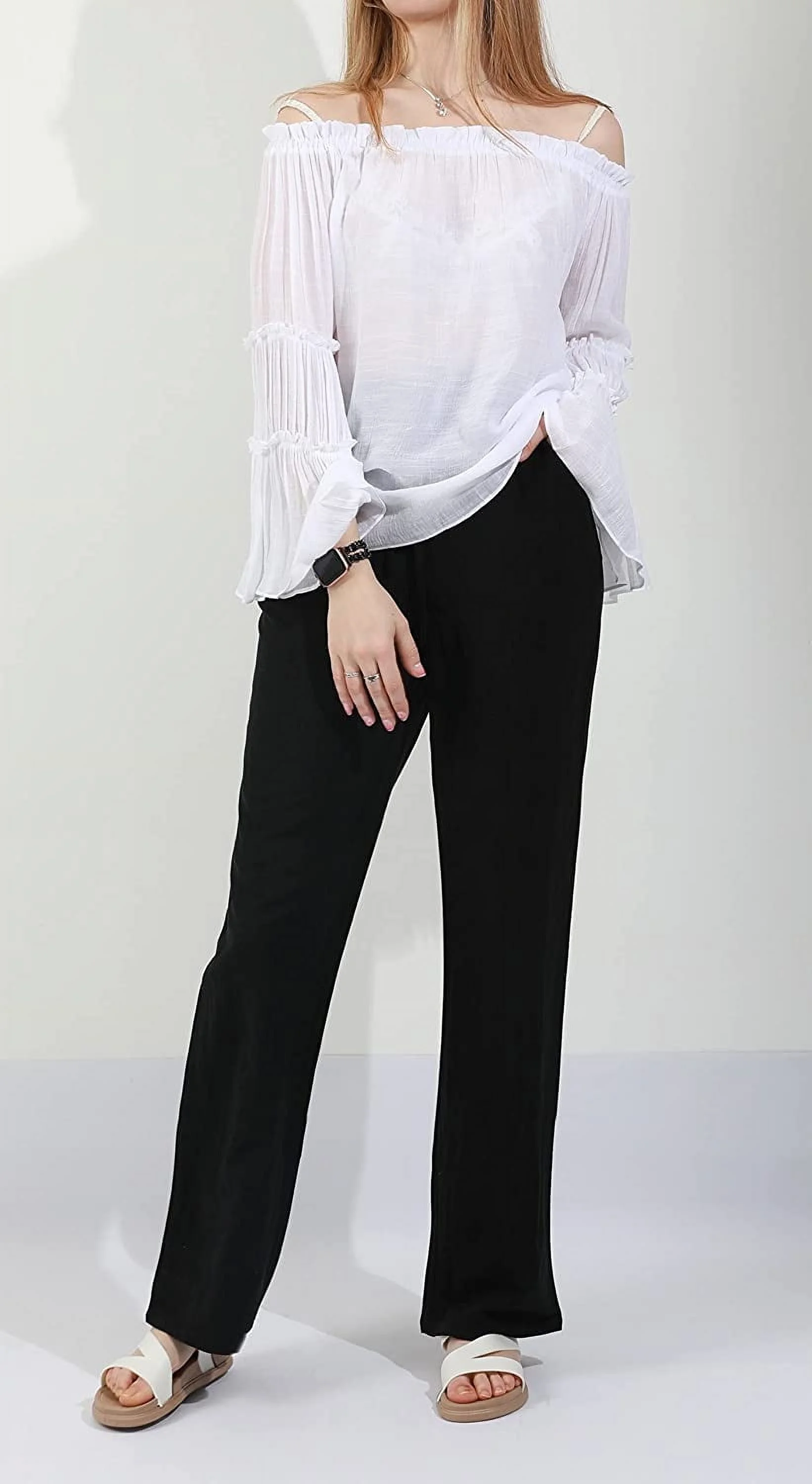 SOMER Pants for Women Flowy Casual Drawstring Waist Wide Leg Loose Cotton Linen Palazzo Pants with Pocket