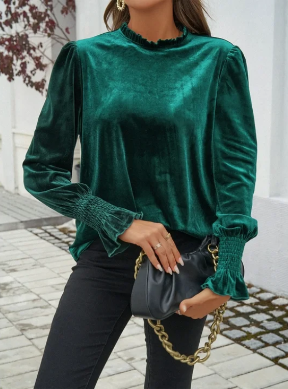 SOMER Women’s Pullover Puff Long Sleeve Velvet Tops Elegant Frilled Neck Velour Shirts Business Work Dressy Blouse Tops