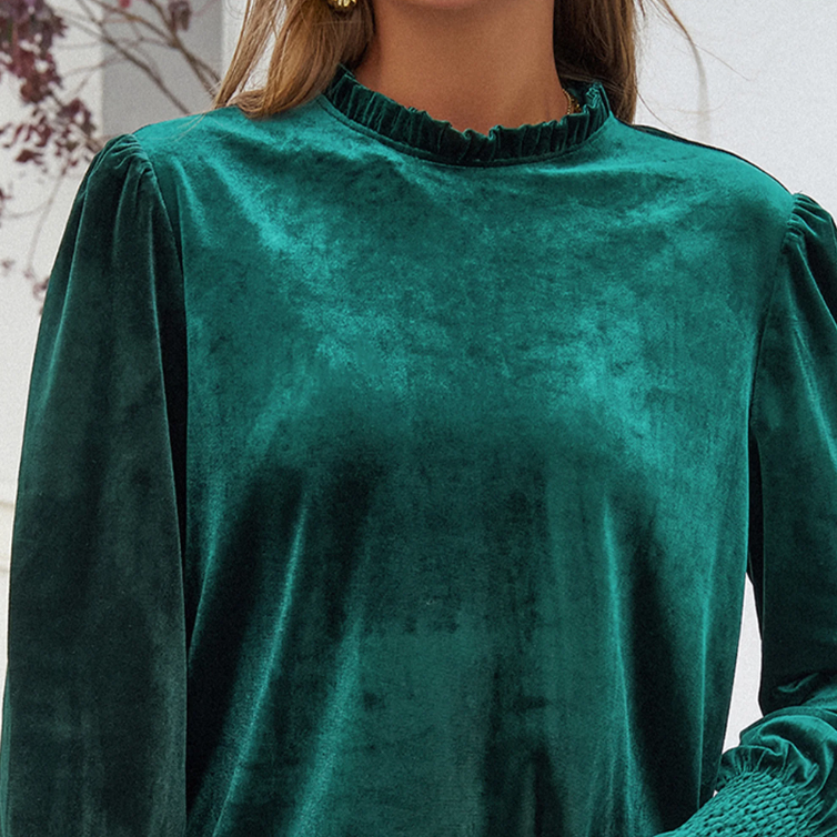SOMER Women’s Pullover Puff Long Sleeve Velvet Tops Elegant Frilled Neck Velour Shirts Business Work Dressy Blouse Tops