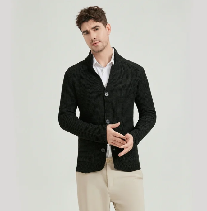 SOMER Men's Cardigan Sweater Jackets Long Sleeve Knitted Stand Collar Cable Button Loose Casual Sweaters with Pockets