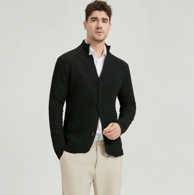 SOMER Men's Cardigan Sweater Jackets Long Sleeve Knitted Stand Collar Cable Button Loose Casual Sweaters with Pockets