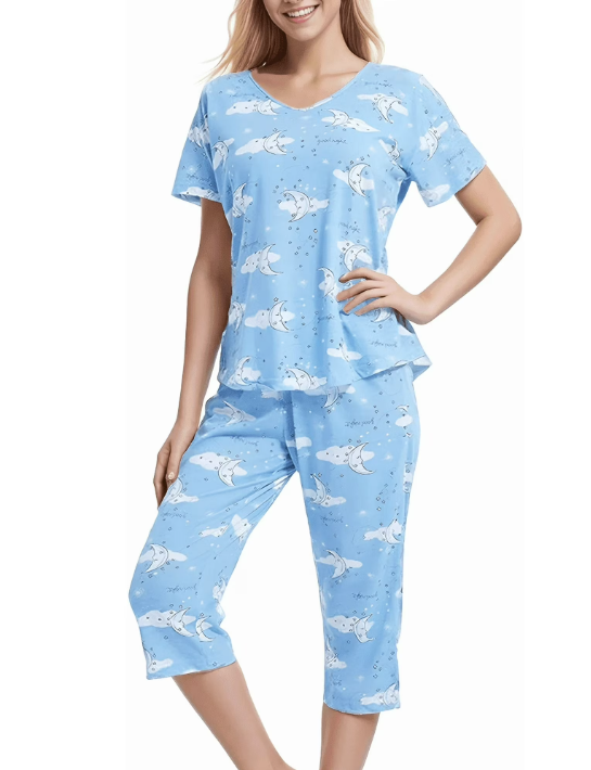 SOMER Womens Pajama Sets Cotton Pj Set Short Sleeve Top With Capri Pants Sleepwear 2 Piece Lounge Set