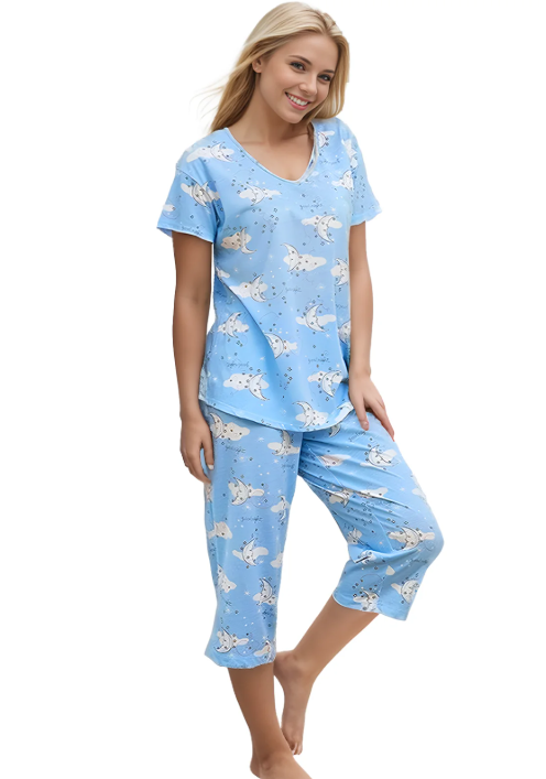 SOMER Womens Pajama Sets Cotton Pj Set Short Sleeve Top With Capri Pants Sleepwear 2 Piece Lounge Set