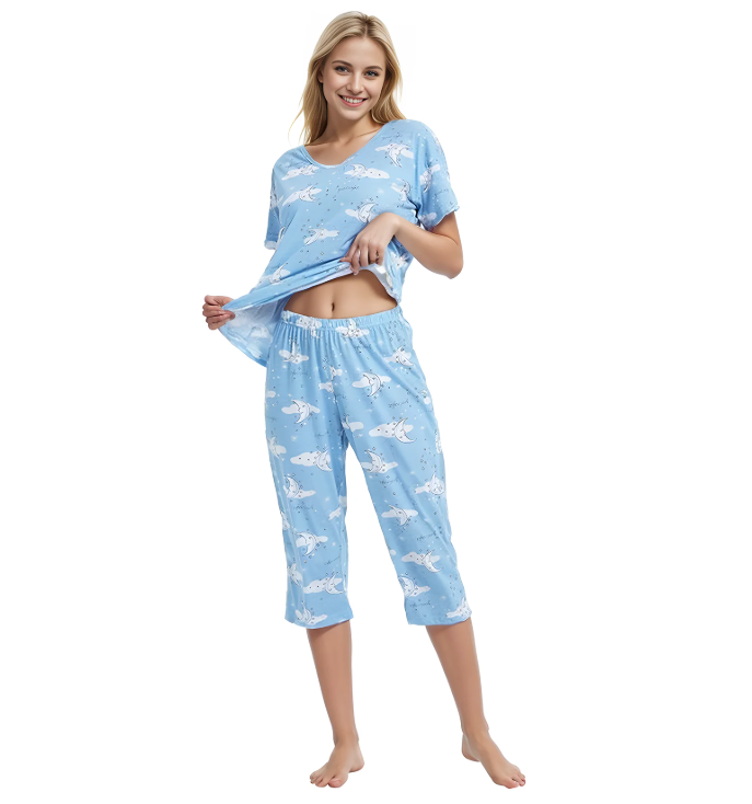 SOMER Womens Pajama Sets Cotton Pj Set Short Sleeve Top With Capri Pants Sleepwear 2 Piece Lounge Set