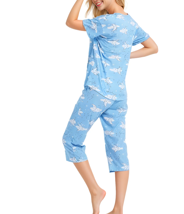 SOMER Womens Pajama Sets Cotton Pj Set Short Sleeve Top With Capri Pants Sleepwear 2 Piece Lounge Set