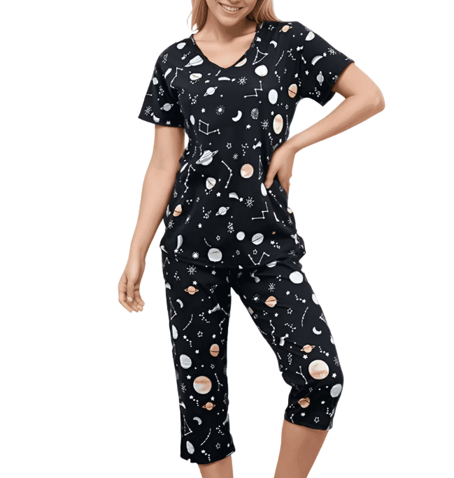 SOMER Womens Pajama Sets Cotton Pj Set Short Sleeve Top With Capri Pants Sleepwear 2 Piece Lounge Set