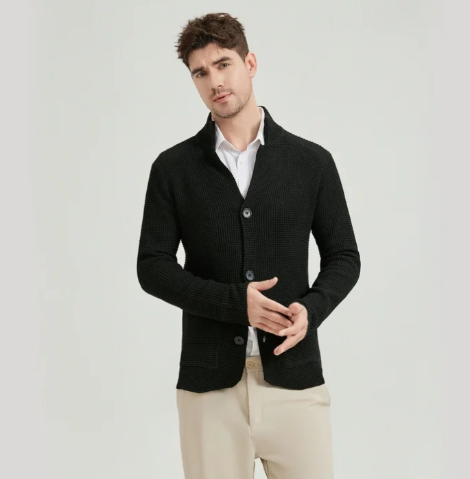 SOMER Men's Cardigan Sweater Jackets Long Sleeve Knitted Stand Collar Cable Button Loose Casual Sweaters with Pockets