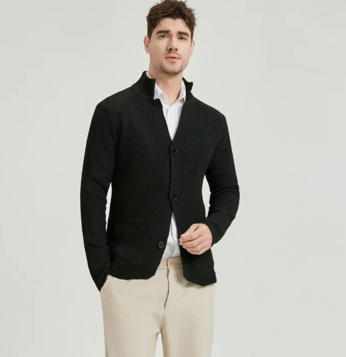 SOMER Men's Cardigan Sweater Jackets Long Sleeve Knitted Stand Collar Cable Button Loose Casual Sweaters with Pockets