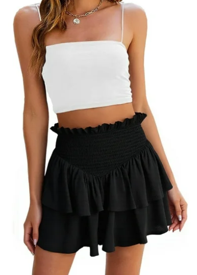SOMER Mini Skirts for Women Summer High Waist Short Pleated Skirt Pleated A-Line Elastic Ruffle Beach Dress Casual 2025 Black