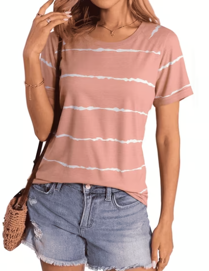 SOMER Women’s Striped Cotton Blouses Casual Short Sleeve Crew Neck Summer TShirts for Going Out,Pink (Available in Plus Size)