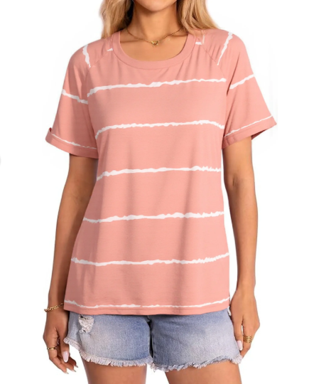 SOMER Women’s Striped Cotton Blouses Casual Short Sleeve Crew Neck Summer TShirts for Going Out,Pink (Available in Plus Size)