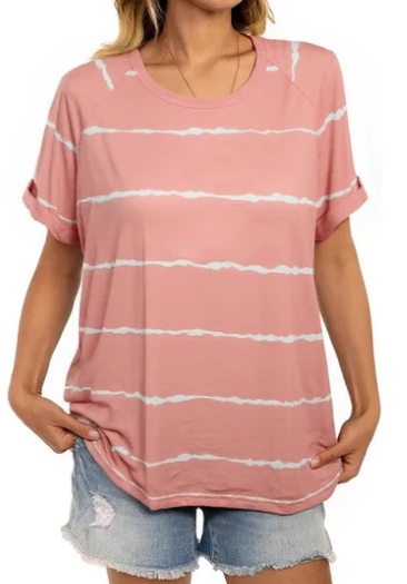 SOMER Women’s Striped Cotton Blouses Casual Short Sleeve Crew Neck Summer TShirts for Going Out,Pink (Available in Plus Size)