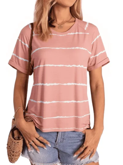SOMER Women’s Striped Cotton Blouses Casual Short Sleeve Crew Neck Summer TShirts for Going Out,Pink (Available in Plus Size)