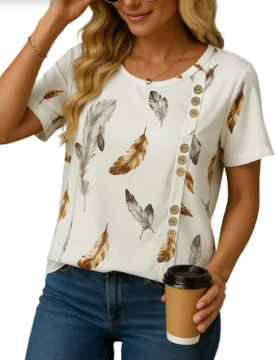 SOMER Women's Feather Print Blouse Casual Short Sleeve Crewneck Loose Fit Summer Tops for Vacation and Going Out, White