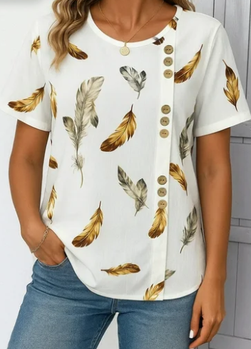 SOMER Women's Feather Print Blouse Casual Short Sleeve Crewneck Loose Fit Summer Tops for Vacation and Going Out, White