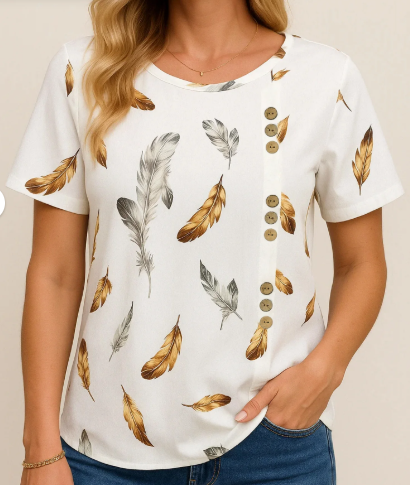 SOMER Women's Feather Print Blouse Casual Short Sleeve Crewneck Loose Fit Summer Tops for Vacation and Going Out, White