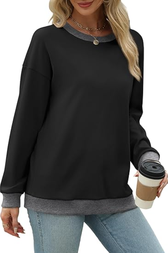 SOMER Long Sleeve Shirts for Women, Trendy Crew Neck Sweatshirt for Women, Cotton Cute Basic Tees for Women, Color Block Casual Womens Fall Tops Soft Comfy