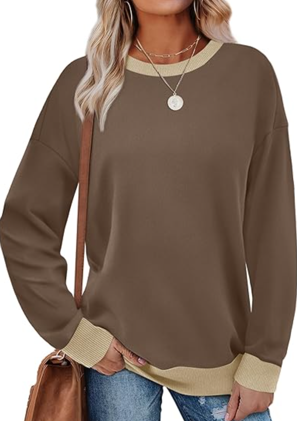 SOMER Long Sleeve Shirts for Women, Trendy Crew Neck Sweatshirt for Women, Cotton Cute Basic Tees for Women, Color Block Casual Womens Fall Tops Soft Comfy