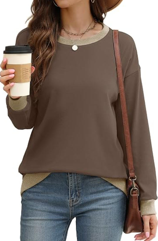 SOMER Long Sleeve Shirts for Women, Trendy Crew Neck Sweatshirt for Women, Cotton Cute Basic Tees for Women, Color Block Casual Womens Fall Tops Soft Comfy