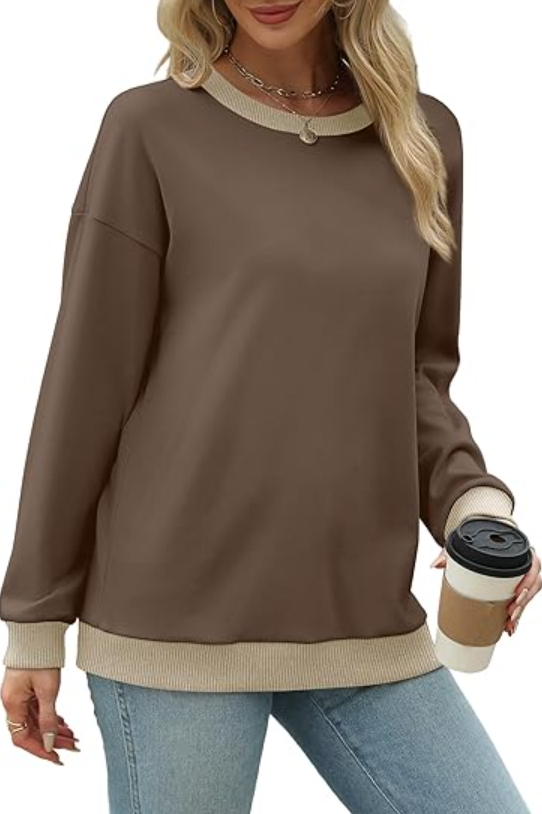 SOMER Long Sleeve Shirts for Women, Trendy Crew Neck Sweatshirt for Women, Cotton Cute Basic Tees for Women, Color Block Casual Womens Fall Tops Soft Comfy