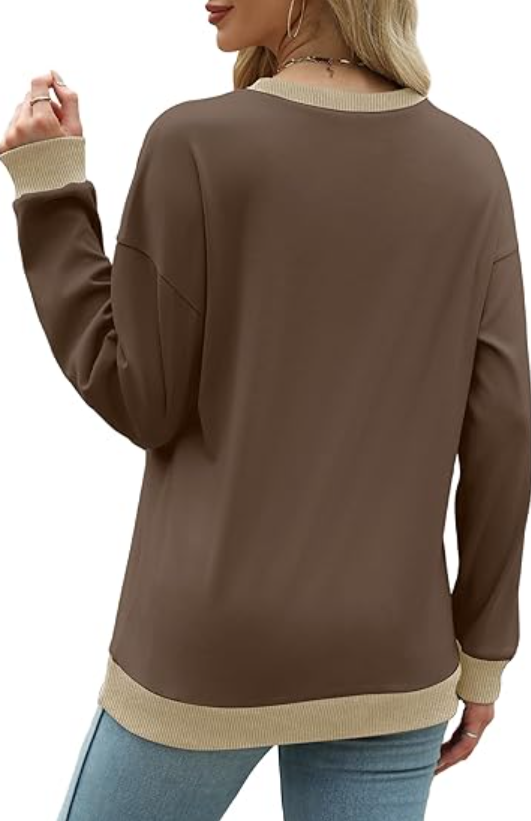 SOMER Long Sleeve Shirts for Women, Trendy Crew Neck Sweatshirt for Women, Cotton Cute Basic Tees for Women, Color Block Casual Womens Fall Tops Soft Comfy