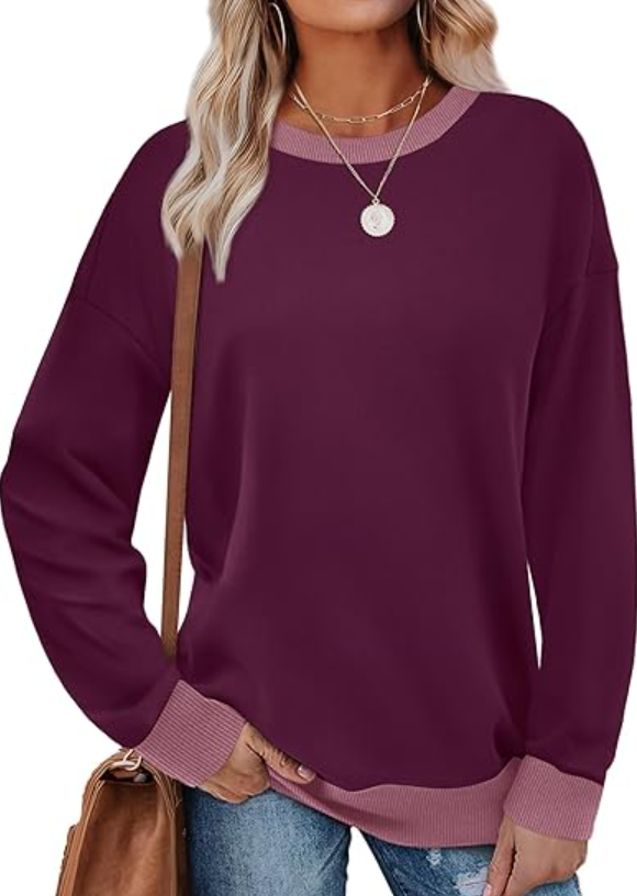 SOMER Long Sleeve Shirts for Women, Trendy Crew Neck Sweatshirt for Women, Cotton Cute Basic Tees for Women, Color Block Casual Womens Fall Tops Soft Comfy