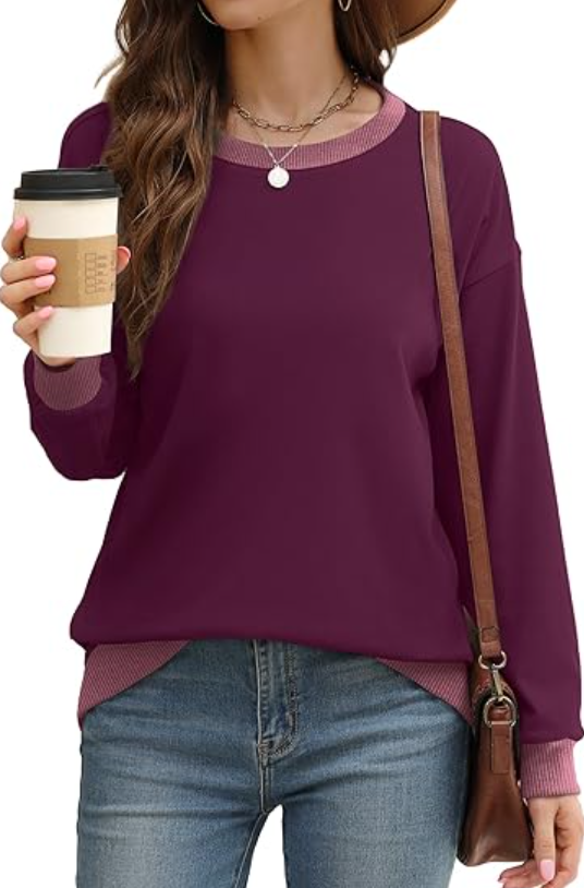 SOMER Long Sleeve Shirts for Women, Trendy Crew Neck Sweatshirt for Women, Cotton Cute Basic Tees for Women, Color Block Casual Womens Fall Tops Soft Comfy