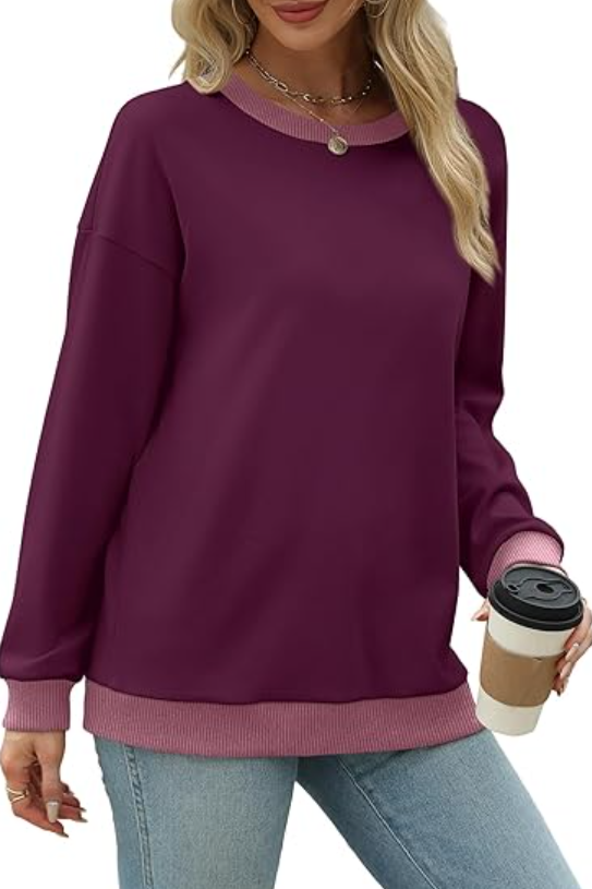 SOMER Long Sleeve Shirts for Women, Trendy Crew Neck Sweatshirt for Women, Cotton Cute Basic Tees for Women, Color Block Casual Womens Fall Tops Soft Comfy