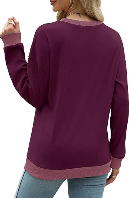 SOMER Long Sleeve Shirts for Women, Trendy Crew Neck Sweatshirt for Women, Cotton Cute Basic Tees for Women, Color Block Casual Womens Fall Tops Soft Comfy